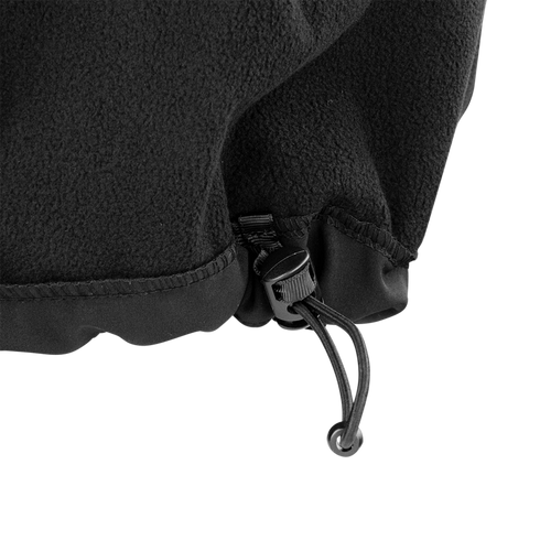Close-up of the hem of the Condor Core Softshell Vest, a black fleece garment with an adjustable drawstring and plastic toggle—perfect for EDC or bushcraft use.