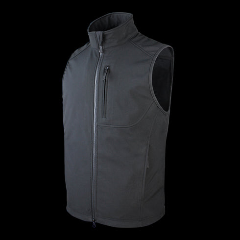 The Condor Core Softshell Vest, shown in black with a high collar, sleeveless design, and multiple zippered pockets, is perfect for bushcraft adventures—displayed on a plain background.