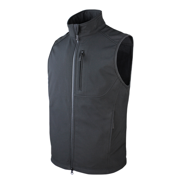 The Condor Core Softshell Vest, shown in black with a high collar, sleeveless design, and multiple zippered pockets, is perfect for bushcraft adventures—displayed on a plain background.