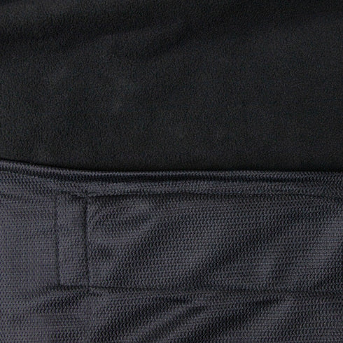 Close-up of two black fabrics from the Condor Core Softshell Vest. The upper fabric is soft and fleecy, ideal for comfort, while the lower section features a textured, woven pattern with visible stitching—perfect for bushcraft or EDC.