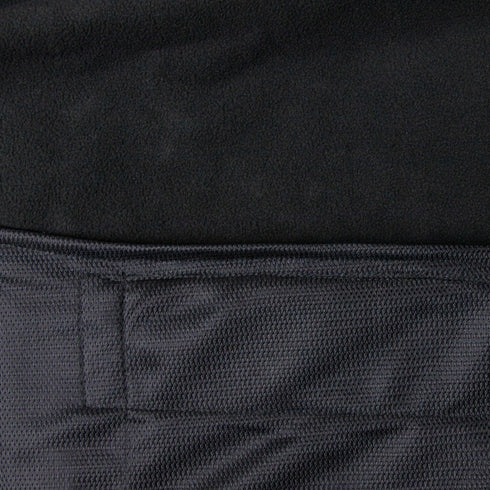 Close-up of two black fabrics from the Condor Core Softshell Vest. The upper fabric is soft and fleecy, ideal for comfort, while the lower section features a textured, woven pattern with visible stitching—perfect for bushcraft or EDC.
