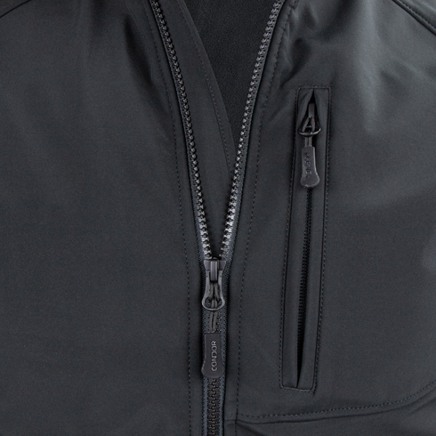 Close-up of the Condor Core Softshell Vest in black, featuring two visible zippers—one vertical, one diagonal—and a small zippered chest pocket.