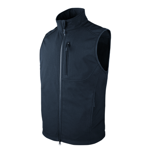 The Condor Core Softshell Vest is a sleeveless black zip-up vest with a high collar, chest zipper pocket, and two side pockets for bushcraft or EDC use, shown on a white background.