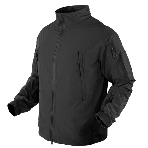 A black tactical jacket with multiple zippered pockets, adjustable cuffs, and a high collar, displayed on a plain light background.