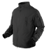A black tactical jacket with multiple zippered pockets, adjustable cuffs, and a high collar, displayed on a plain light background.