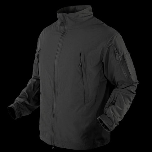 The Condor Vapor Ripstop Windbreaker | SALE is a black, long-sleeve tactical jacket featuring a front zipper, high collar, zippered chest pockets, and sleeve pockets—ideal for military or law enforcement use.