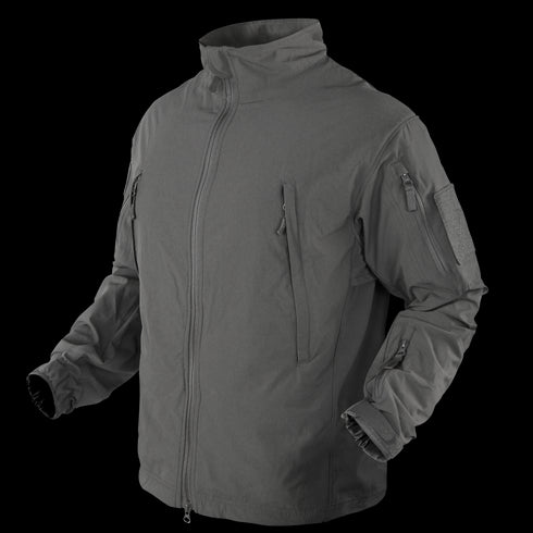 The Condor Vapor Ripstop Windbreaker in gray features long sleeves, a front zipper, zippered chest and arm pockets, and adjustable cuffs—perfect for law enforcement or first responders—shown on a plain background.