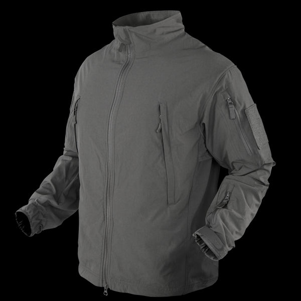The Condor Vapor Ripstop Windbreaker in gray features long sleeves, a front zipper, zippered chest and arm pockets, and adjustable cuffs—perfect for law enforcement or first responders—shown on a plain background.