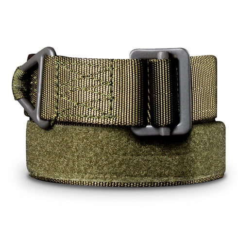 The Condor Riggers Belt, made of olive green tactical nylon with a sturdy plastic buckle, is rolled up and displayed against a white background.