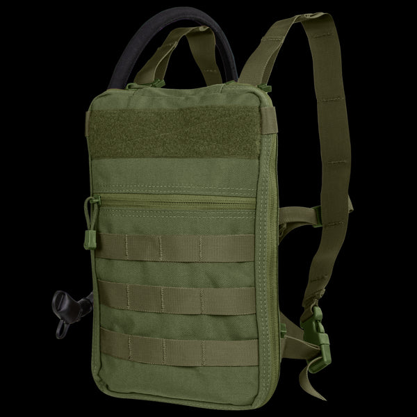The Condor Tidepool Hydration Carrier in Olive Drab features MOLLE webbing, a zipper pocket, adjustable shoulder straps, and a black hydration tube on the side.