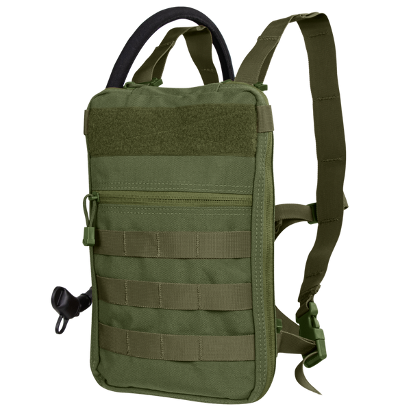 The Condor Tidepool Hydration Carrier in Olive Drab features MOLLE webbing, a zipper pocket, adjustable shoulder straps, and a black hydration tube on the side.