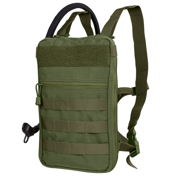 The Condor Tidepool Hydration Carrier in Olive Drab features MOLLE webbing, a zipper pocket, adjustable shoulder straps, and a black hydration tube on the side.