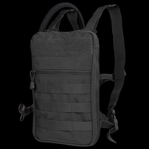 The Condor Tidepool Hydration Carrier features MOLLE webbing, a zippered front pocket, carry handle, and adjustable shoulder straps—ideal for EDC or shooting range trips.
