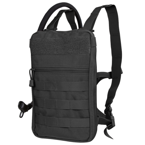 The Condor Tidepool Hydration Carrier features MOLLE webbing, a zippered front pocket, carry handle, and adjustable shoulder straps—ideal for EDC or shooting range trips.