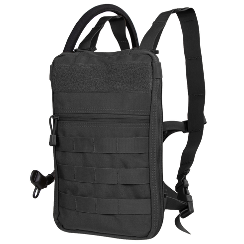 The Condor Tidepool Hydration Carrier features MOLLE webbing, a zippered front pocket, carry handle, and adjustable shoulder straps—ideal for EDC or shooting range trips.