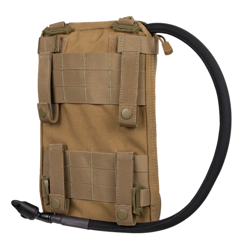 The Condor Tidepool Hydration Carrier is a tan tactical pack with MOLLE webbing and a black drinking hose—perfect for bushcraft adventures or law enforcement applications.