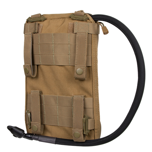 The Condor Tidepool Hydration Carrier is a tan tactical pack with MOLLE webbing and a black drinking hose—perfect for bushcraft adventures or law enforcement applications.
