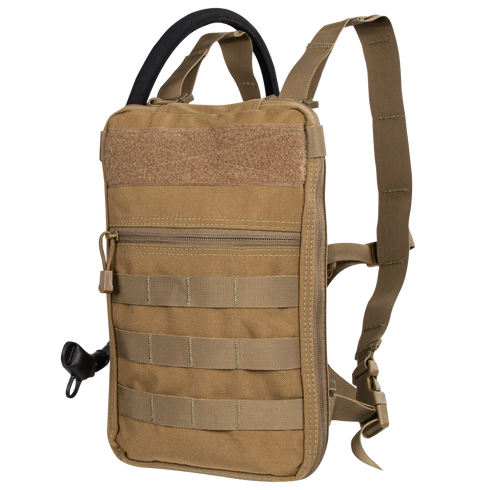 The Condor Tidepool Hydration Carrier is a tan tactical pack with MOLLE webbing, front zipper pocket, shoulder straps, and a black handle—ideal for military use or as a durable EDC option for first responders and outdoor enthusiasts.