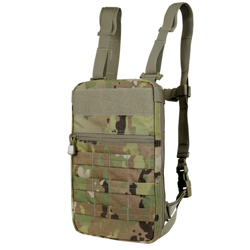 The Condor Tidepool Hydration Carrier in Scorpion OCP features a camouflage pattern, adjustable straps, and multiple webbing attachment points for tactical use.