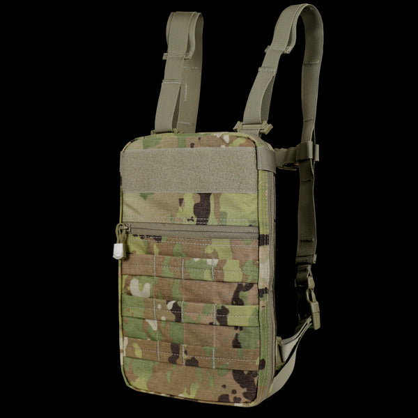 The Condor Tidepool Hydration Carrier in Scorpion OCP features a camouflage pattern, adjustable straps, and multiple webbing attachment points for tactical use.