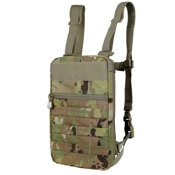 The Condor Tidepool Hydration Carrier in Scorpion OCP features a camouflage pattern, adjustable straps, and multiple webbing attachment points for tactical use.