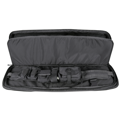 The Condor 36" Javelin Rifle Case | SALE is shown open, revealing organized compartments and gear stored inside its black tactical design with multiple pouches.