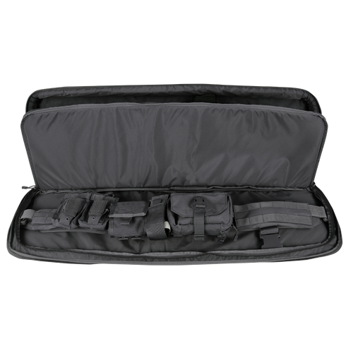 The Condor 36" Javelin Rifle Case | SALE is shown open, revealing organized compartments and gear stored inside its black tactical design with multiple pouches.