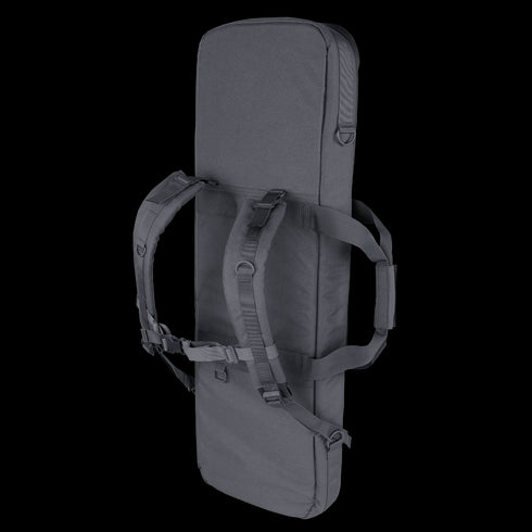 The Condor 36 Javelin Rifle Case is a rectangular gray padded backpack with adjustable shoulder and chest straps, designed to carry and protect long or bulky items—ideal for military or first responder use.