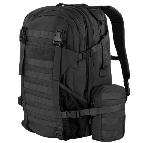 The Condor Orion Assault Backpack 50L is a black tactical pack with multiple compartments, MOLLE webbing, adjustable straps, and a small side pouch—ideal for EDC or shooting range trips.