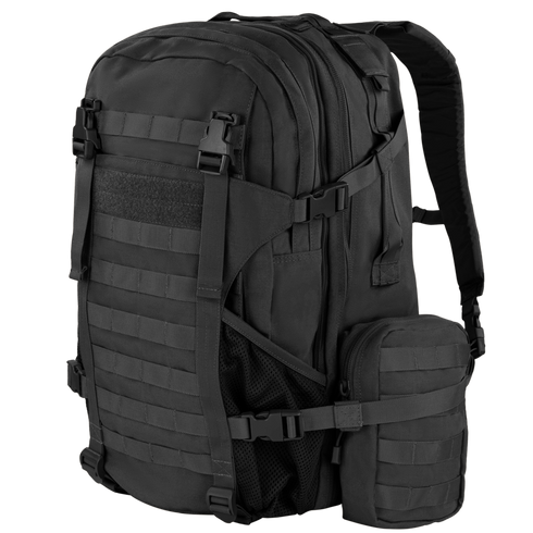 The Condor Orion Assault Backpack 50L is a black tactical pack with multiple compartments, MOLLE webbing, adjustable straps, and a small side pouch—ideal for EDC or shooting range trips.