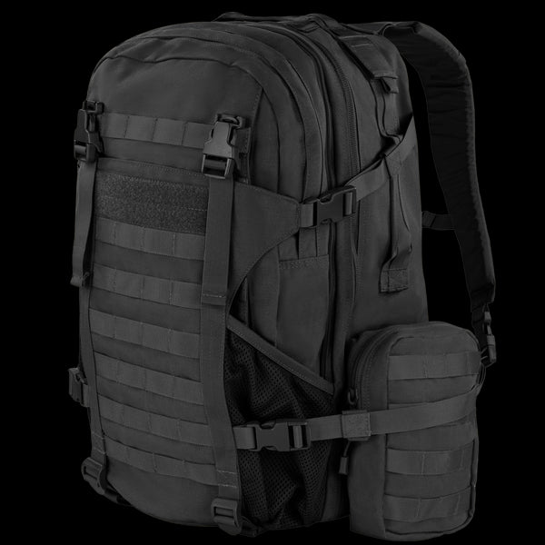The Condor Orion Assault Backpack 50L is a black tactical pack with multiple compartments, MOLLE webbing, adjustable straps, and a small side pouch—ideal for EDC or shooting range trips.