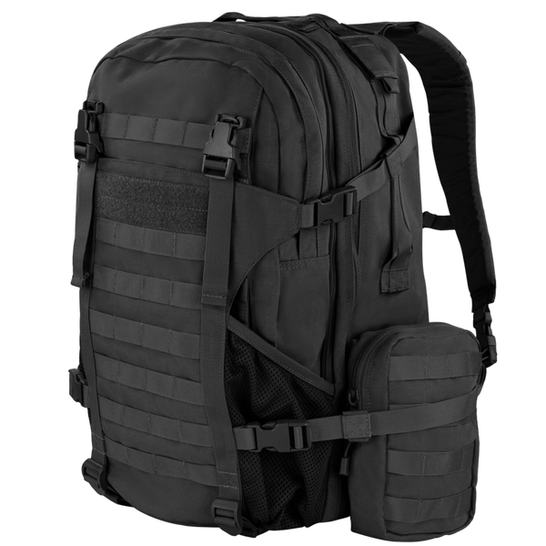 The Condor Orion Assault Backpack 50L is a black tactical pack with multiple compartments, MOLLE webbing, adjustable straps, and a small side pouch—ideal for EDC or shooting range trips.