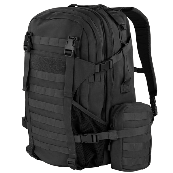 The Condor Orion Assault Backpack 50L is a black tactical pack with multiple compartments, MOLLE webbing, adjustable straps, and a small side pouch—ideal for EDC or shooting range trips.