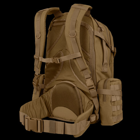 The Condor Orion Assault Backpack 50L is a tan tactical pack featuring padded shoulder straps, mesh back panel, adjustable chest and waist straps, and external pouches—ideal for military or bushcraft EDC.