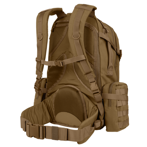 The Condor Orion Assault Backpack 50L is a tan tactical pack featuring padded shoulder straps, mesh back panel, adjustable chest and waist straps, and external pouches—ideal for military or bushcraft EDC.
