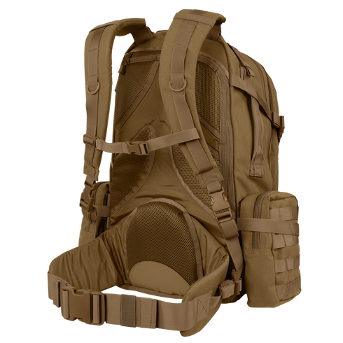 The Condor Orion Assault Backpack 50L is a tan tactical pack featuring padded shoulder straps, mesh back panel, adjustable chest and waist straps, and external pouches—ideal for military or bushcraft EDC.