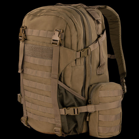 The Condor Orion Assault Backpack 50L features multiple compartments, MOLLE webbing, adjustable straps, and a side pouch—perfect for bushcraft or military use.