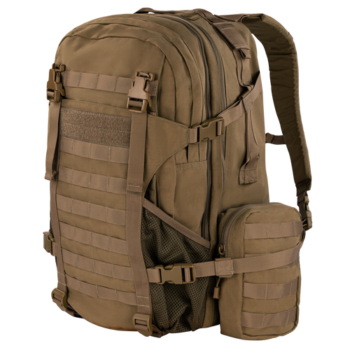 The Condor Orion Assault Backpack 50L features multiple compartments, MOLLE webbing, adjustable straps, and a side pouch—perfect for bushcraft or military use.
