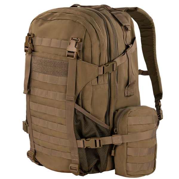 The Condor Orion Assault Backpack 50L features multiple compartments, MOLLE webbing, adjustable straps, and a side pouch—perfect for bushcraft or military use.