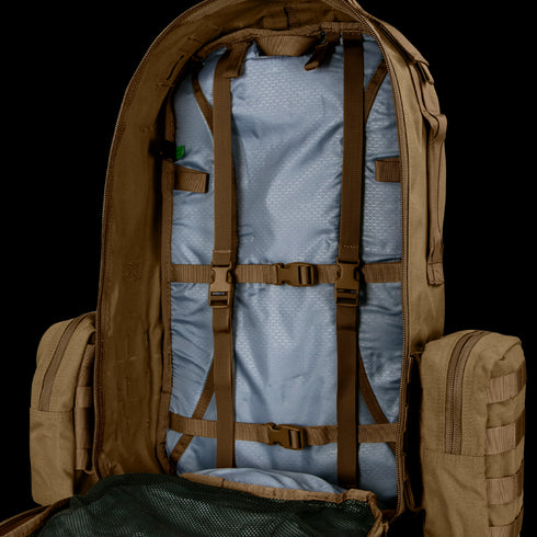 Open view of an empty Condor Orion Assault Backpack 50L reveals interior straps and compartments for organizing gear—ideal for bushcraft or first responders.