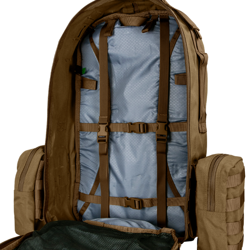 Open view of an empty Condor Orion Assault Backpack 50L reveals interior straps and compartments for organizing gear—ideal for bushcraft or first responders.