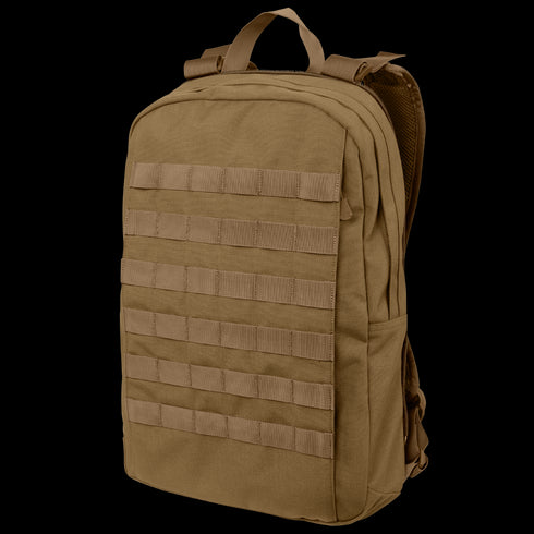 The Condor Orion Assault Backpack 50L is a tan tactical pack with MOLLE front webbing, dual shoulder straps, top handle, and zippered main compartment—ideal for military or law enforcement at the shooting range.