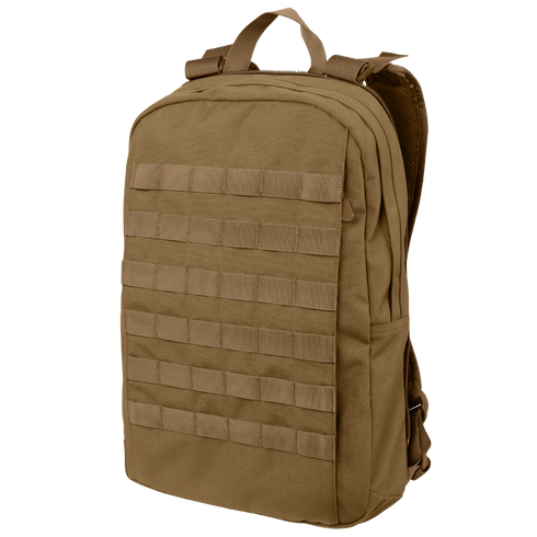 The Condor Orion Assault Backpack 50L is a tan tactical pack with MOLLE front webbing, dual shoulder straps, top handle, and zippered main compartment—ideal for military or law enforcement at the shooting range.