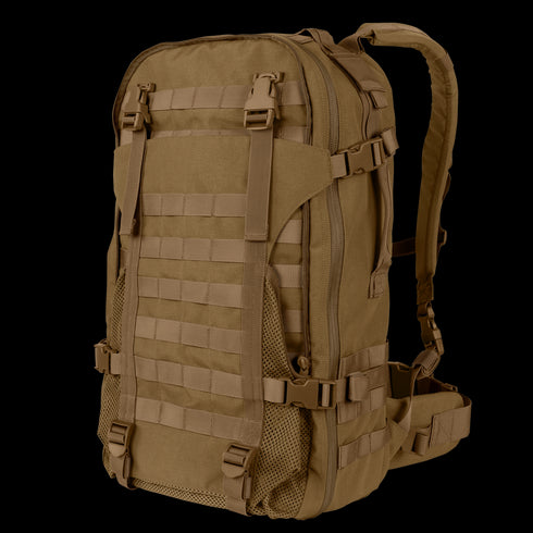 The Condor Orion Assault Backpack 50L features multiple straps, buckles, mesh side pockets, and front MOLLE webbing—perfect for EDC or law enforcement pros needing dependable gear organization and attachment.
