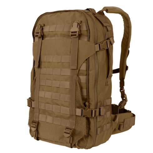 The Condor Orion Assault Backpack 50L features multiple straps, buckles, mesh side pockets, and front MOLLE webbing—perfect for EDC or law enforcement pros needing dependable gear organization and attachment.