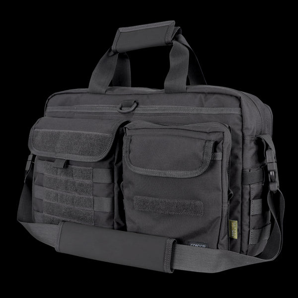 The Condor Elite Metropolis Briefcase by Condor is a tactical black messenger bag with multiple front pockets, padded shoulder strap, and sturdy carry handles—perfect for law enforcement or first responders on the go.