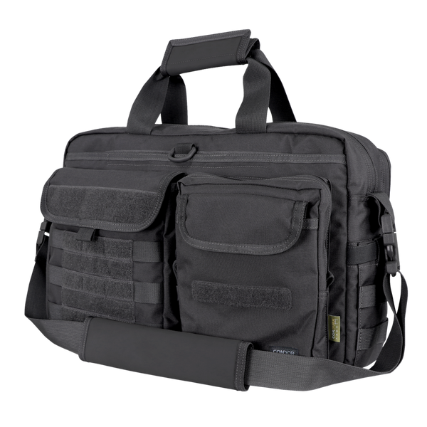 The Condor Elite Metropolis Briefcase by Condor is a black tactical messenger bag featuring two front pockets, a top handle, an adjustable shoulder strap, and front MOLLE webbing.