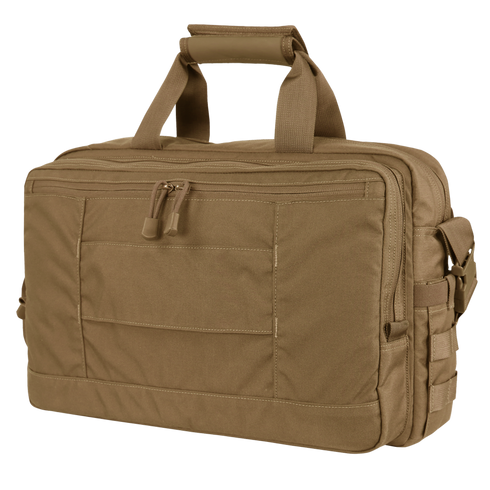 The Condor Elite Metropolis Briefcase by Condor is a tan tactical briefcase with multiple zippered compartments and sturdy handles, ideal for law enforcement or first responder professionals.