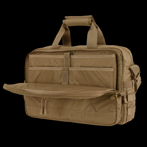 The Condor Elite Metropolis Briefcase by Condor is a tan tactical bag featuring multiple zippered compartments and sturdy carrying handles, shown with its front pocket open—perfect for law enforcement or first responder gear.