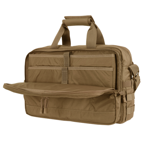 The Condor Elite Metropolis Briefcase by Condor is a tan tactical bag featuring multiple zippered compartments and sturdy carrying handles, shown with its front pocket open—perfect for law enforcement or first responder gear.